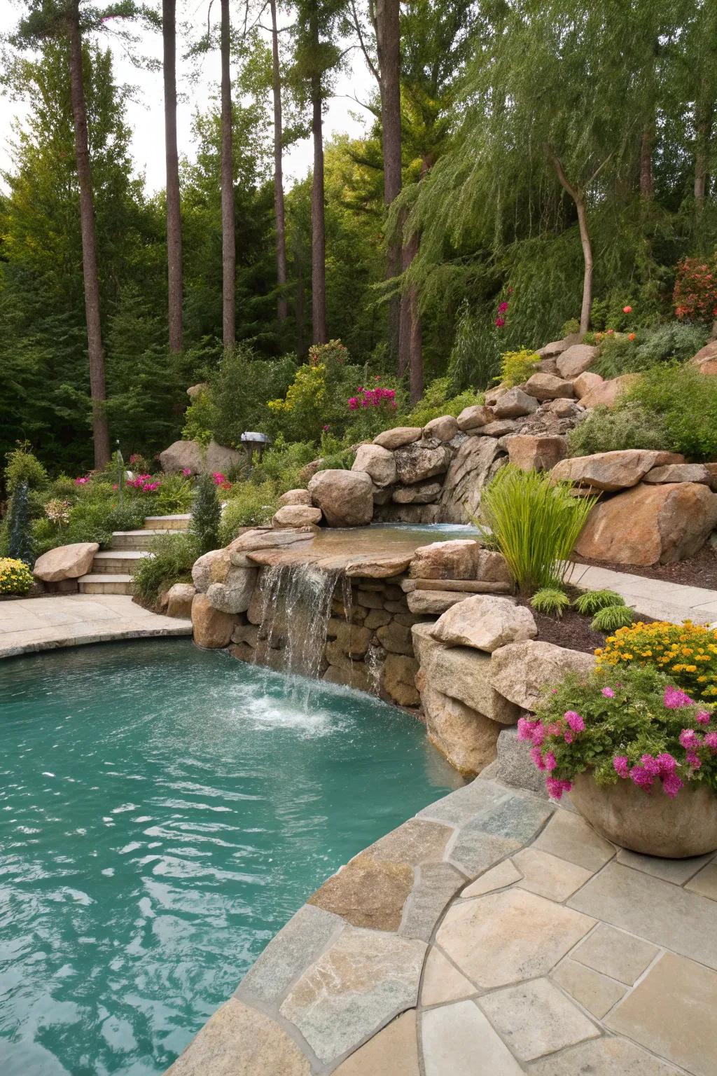 A natural rock waterfall lends a classic charm to your pool.