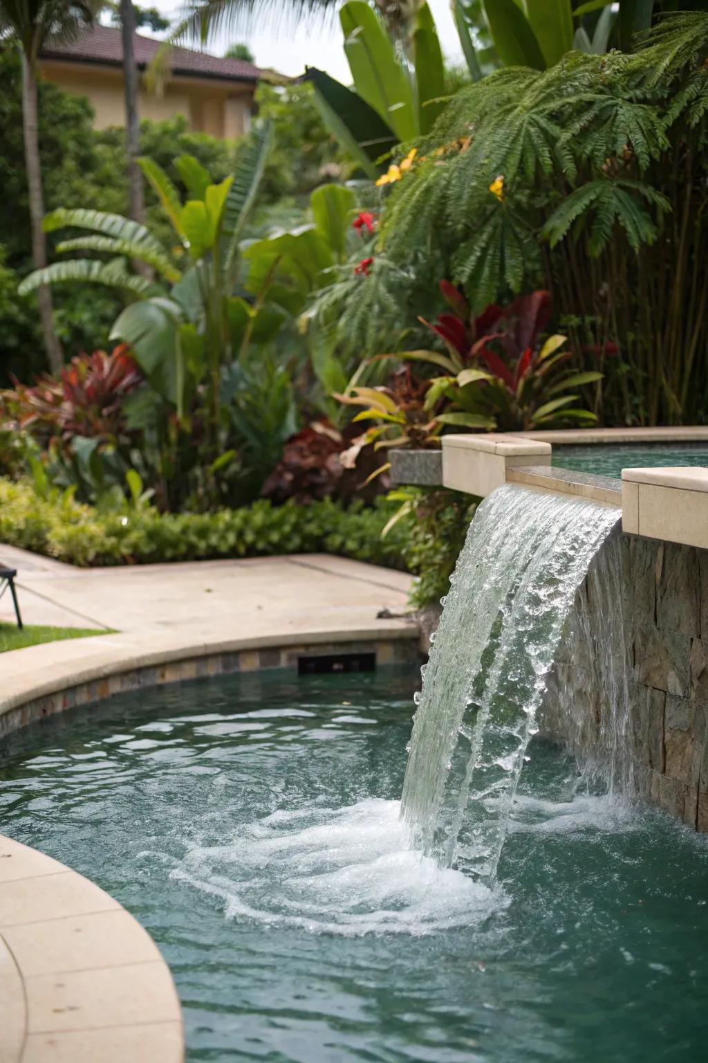 Indulge in the serenity of a jacuzzi featuring a waterfall edge flowing seamlessly into the pool.