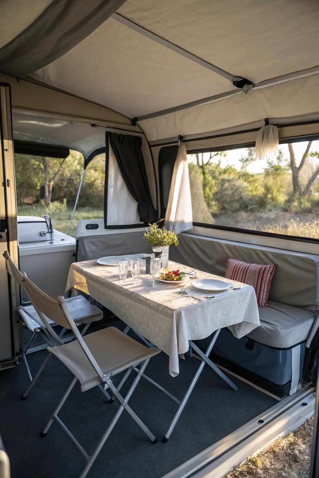 Foldaway furniture enables a versatile and orderly camper space.