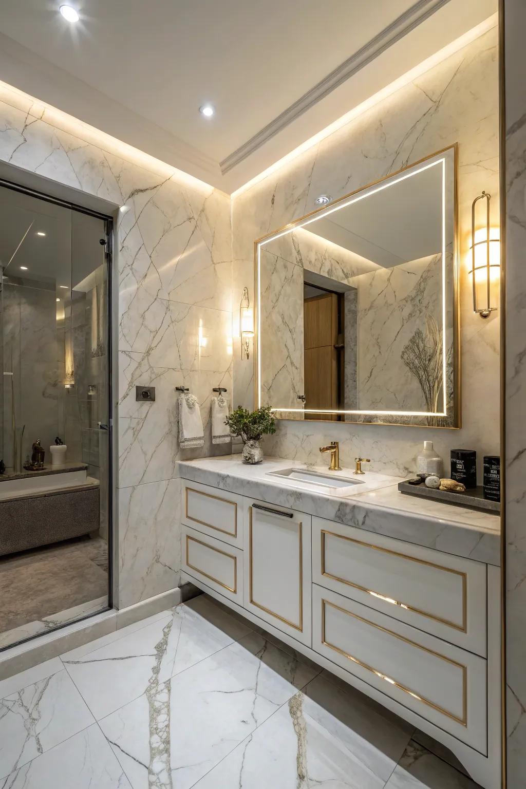 Synthetic marble ceramic squares imbue this elegant washroom space with enduring sophistication.