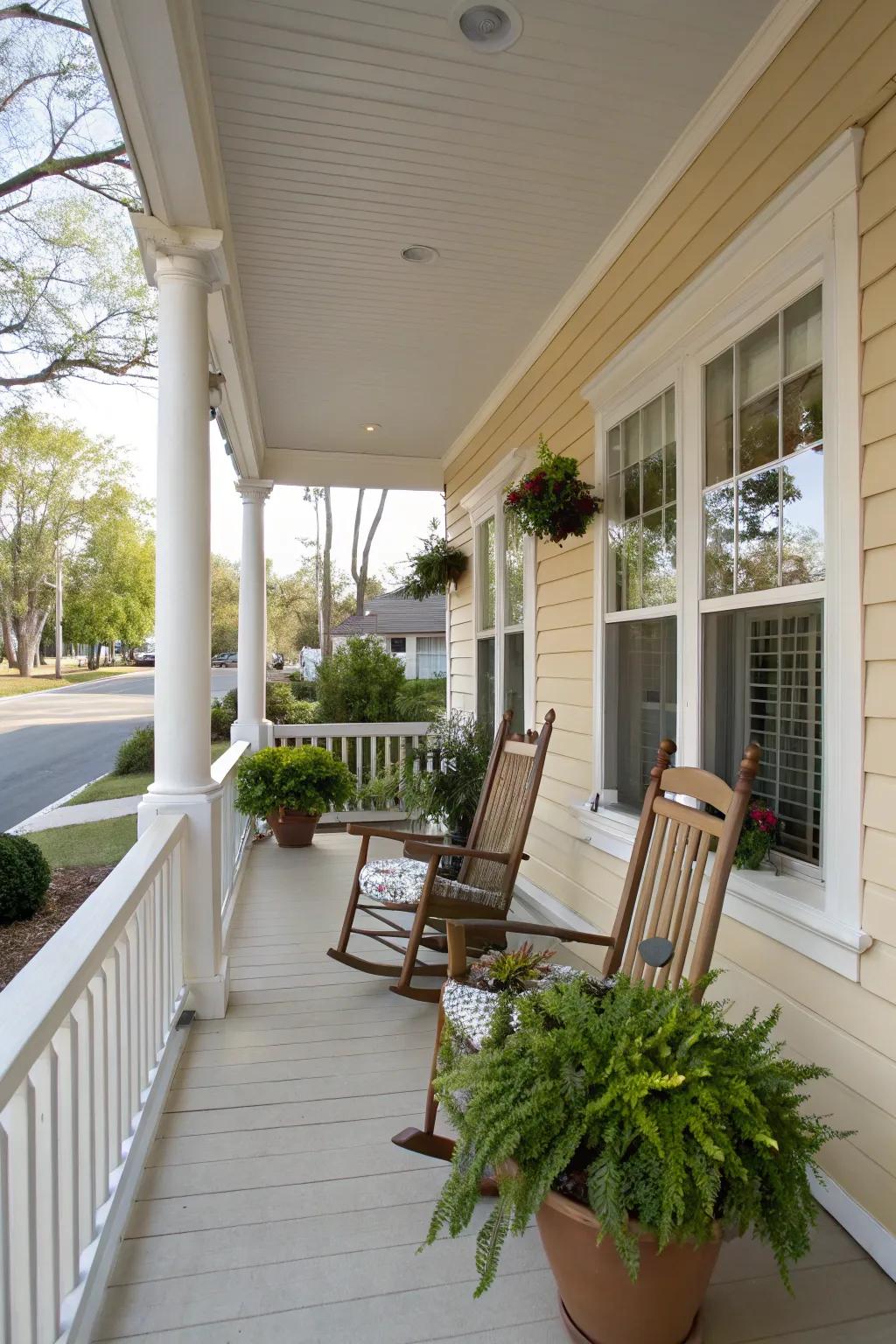 A tranquil porch adorned in understated colors, projecting an aura of sophistication and simplicity.