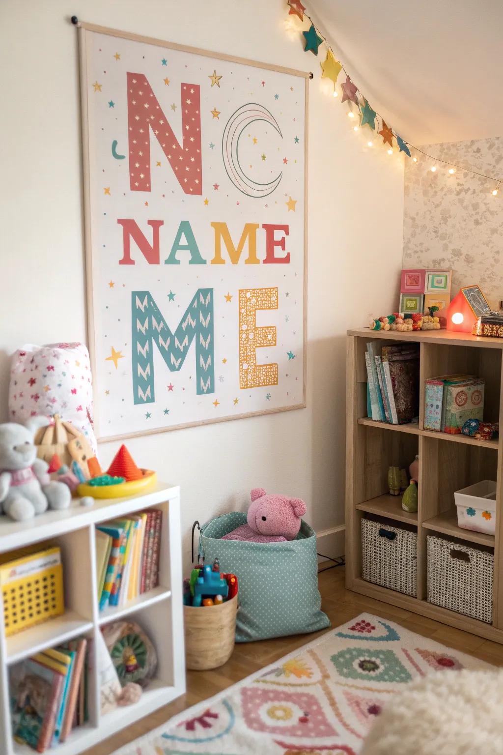 A custom monogram art print introduces a personalized element to any child's space.