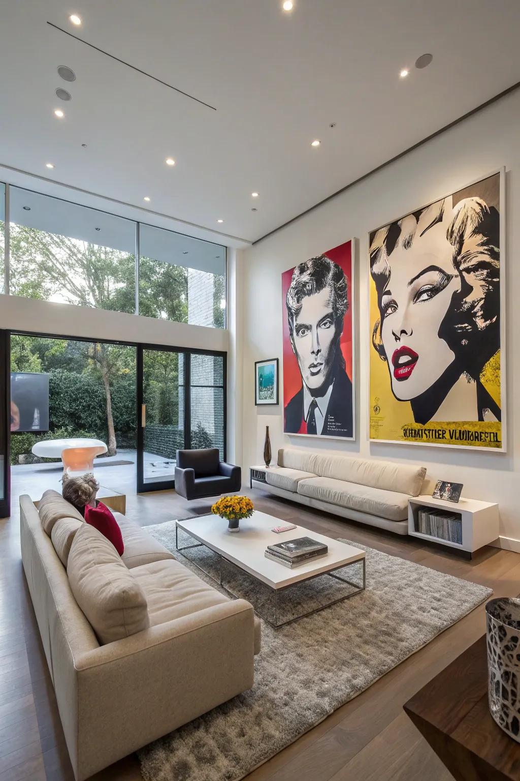 A sleek, modern living area adorned with renowned artistic posters.