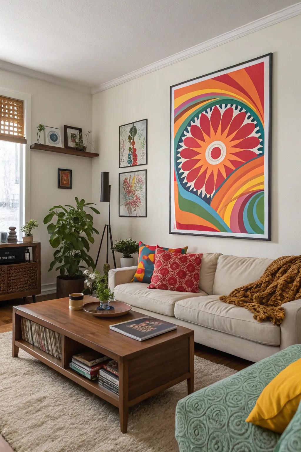 A vibrant abstract poster infuses a splash of color into any area.