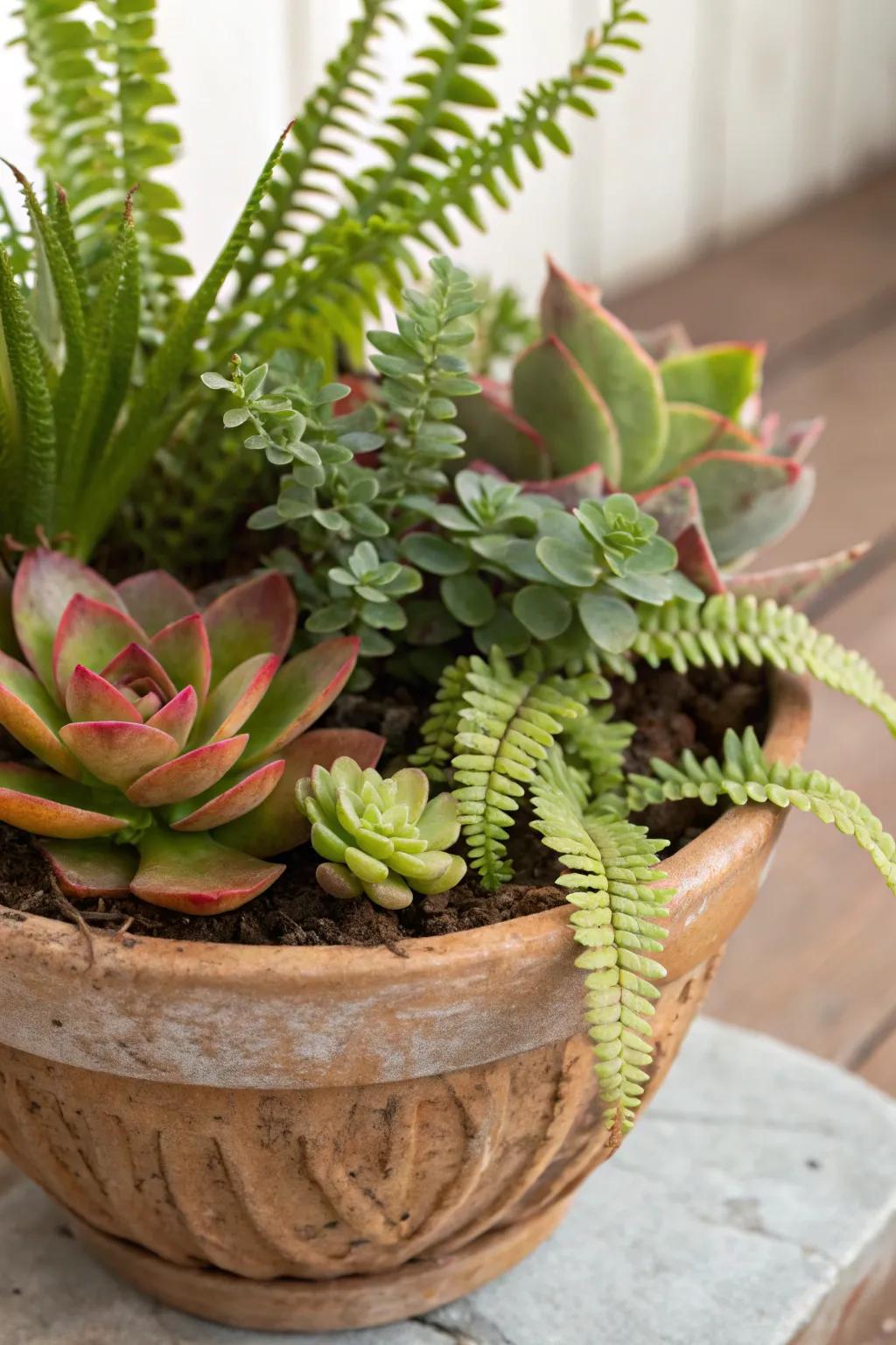 A compelling contrast in textures achieved through the union of succulents and ferns within a shared vessel.