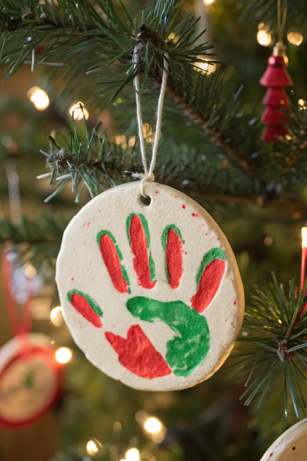 A personalized element to holiday decor: a painted salty modeling compound handprint ornament.