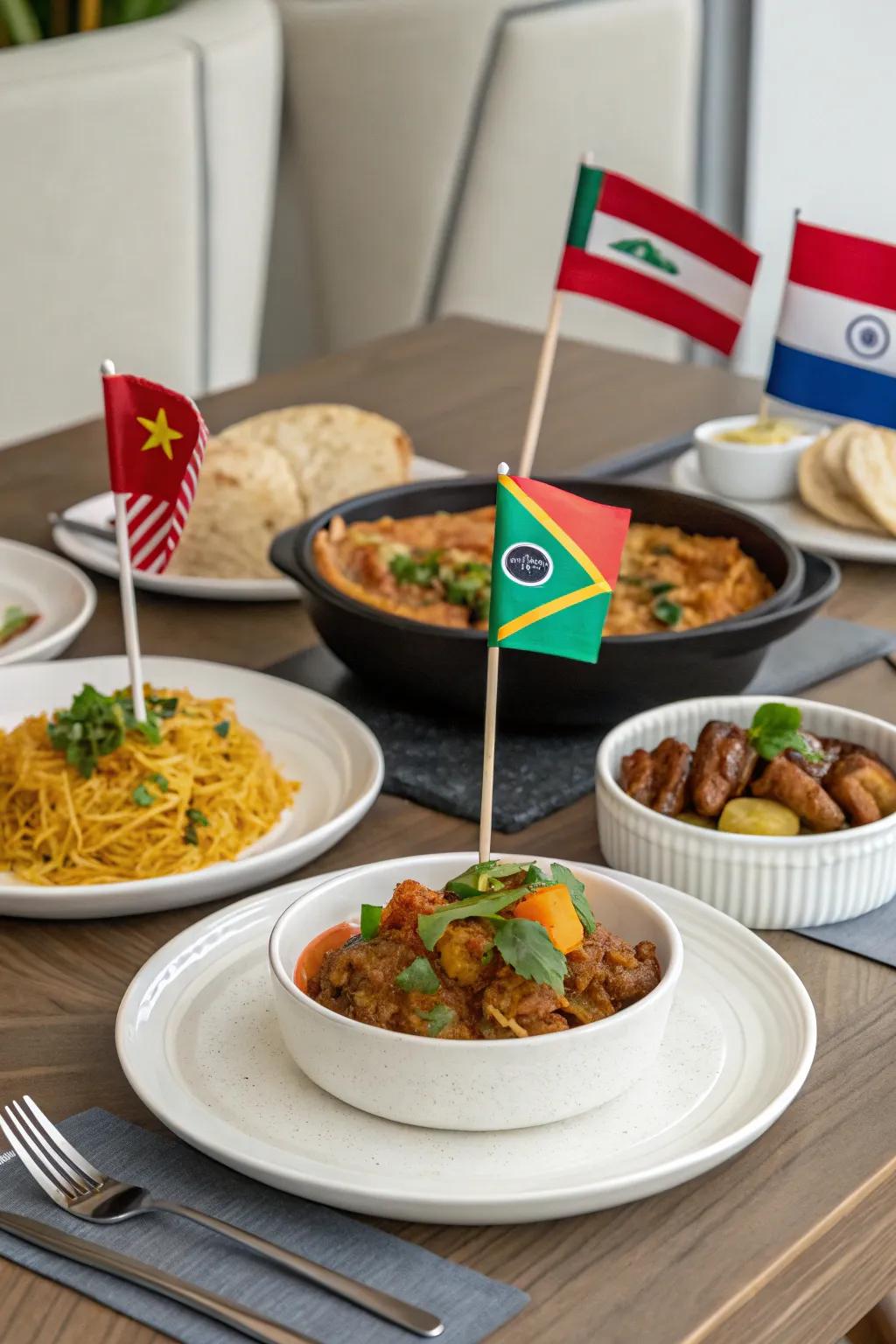 An internationally themed dining table, showcasing dishes from different cultures and adorned with corresponding flags.
