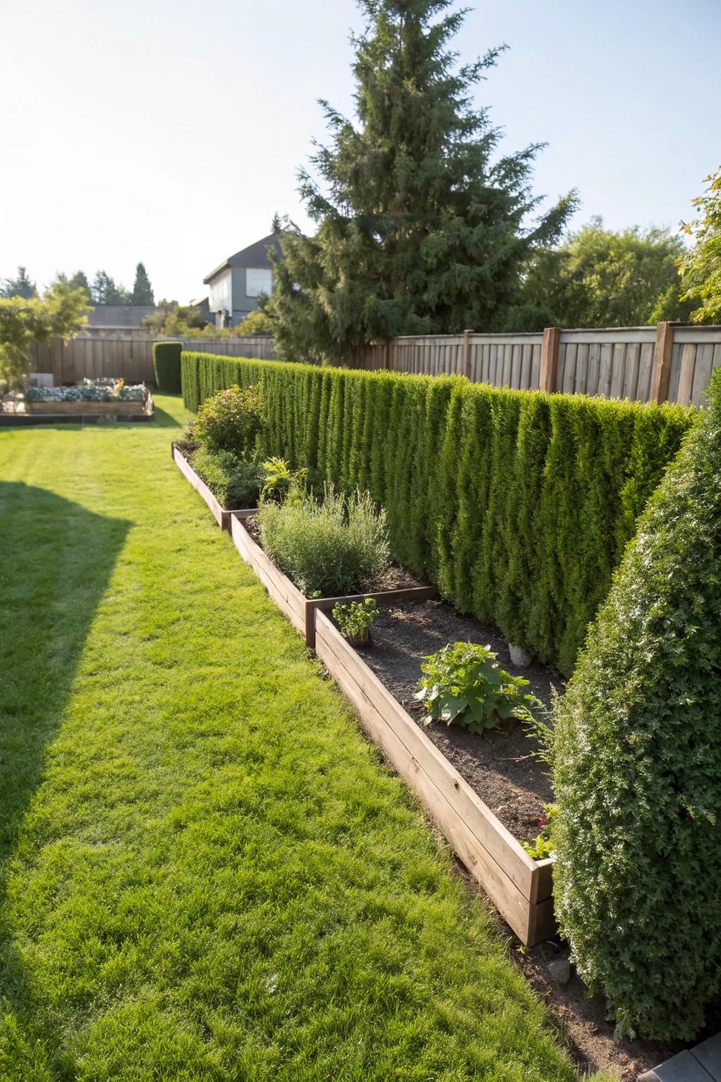 A carefully manicured hedge serves as an organic demarcation for a property.