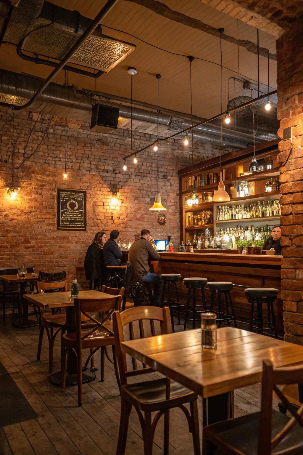 Exposed brick walls evoke a rustic allure, encouraging conversation and relaxation.