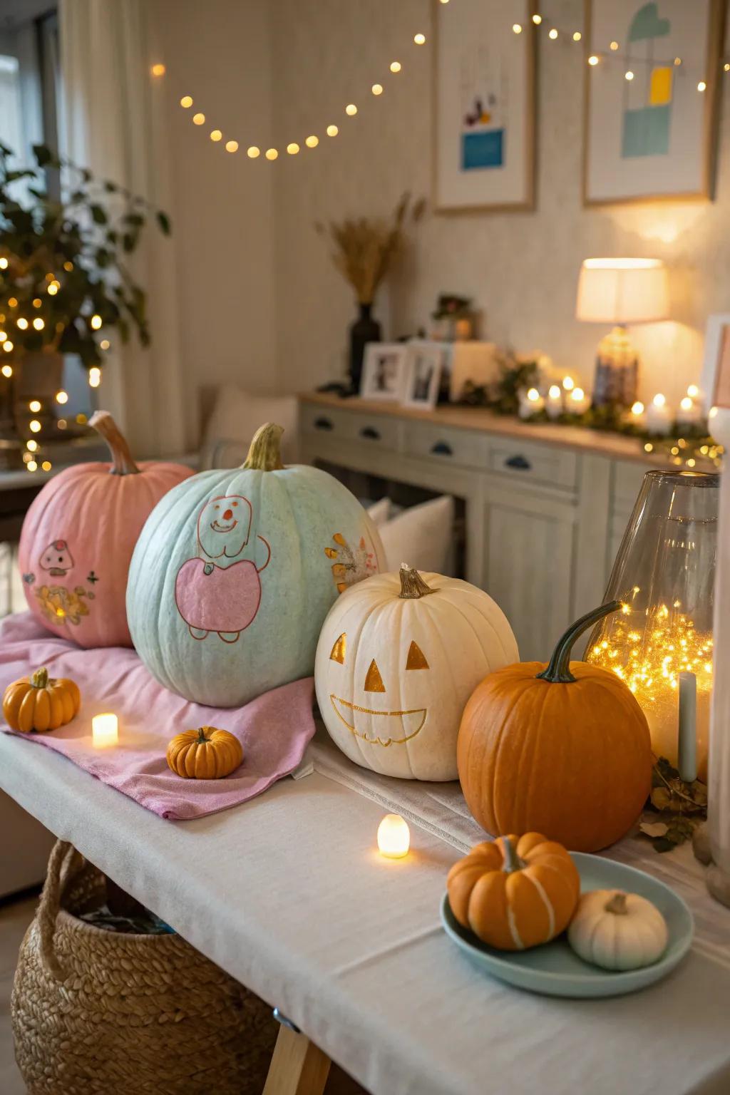 Adorable pumpkin centerpieces featuring baby-themed carvings.