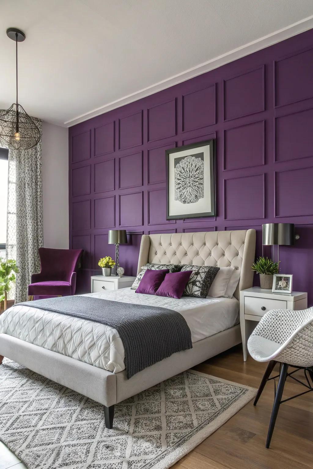 A bedroom showcasing a bold purple accent wall that creates a dramatic statement.