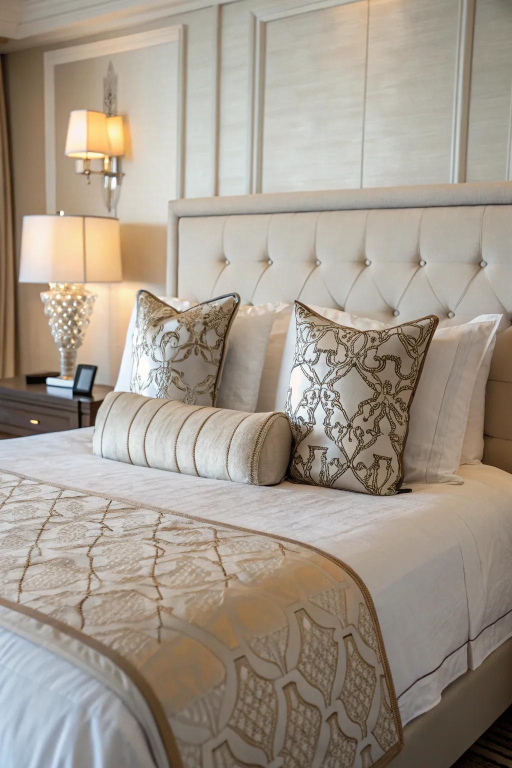 A balanced and symmetrical pillow arrangement graces a queen bed.