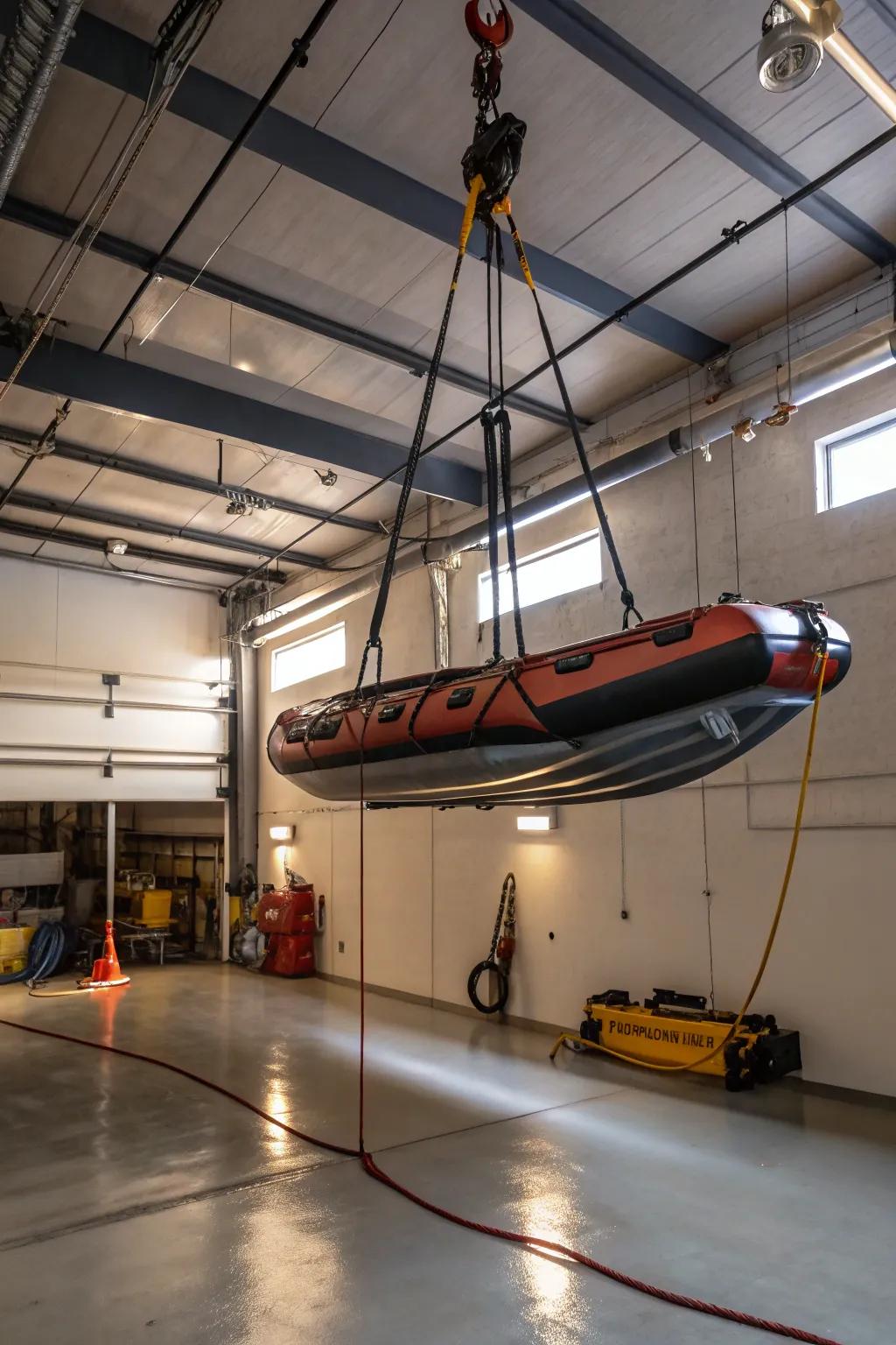 Overhead storage solutions protect your watercraft and free up floor space.