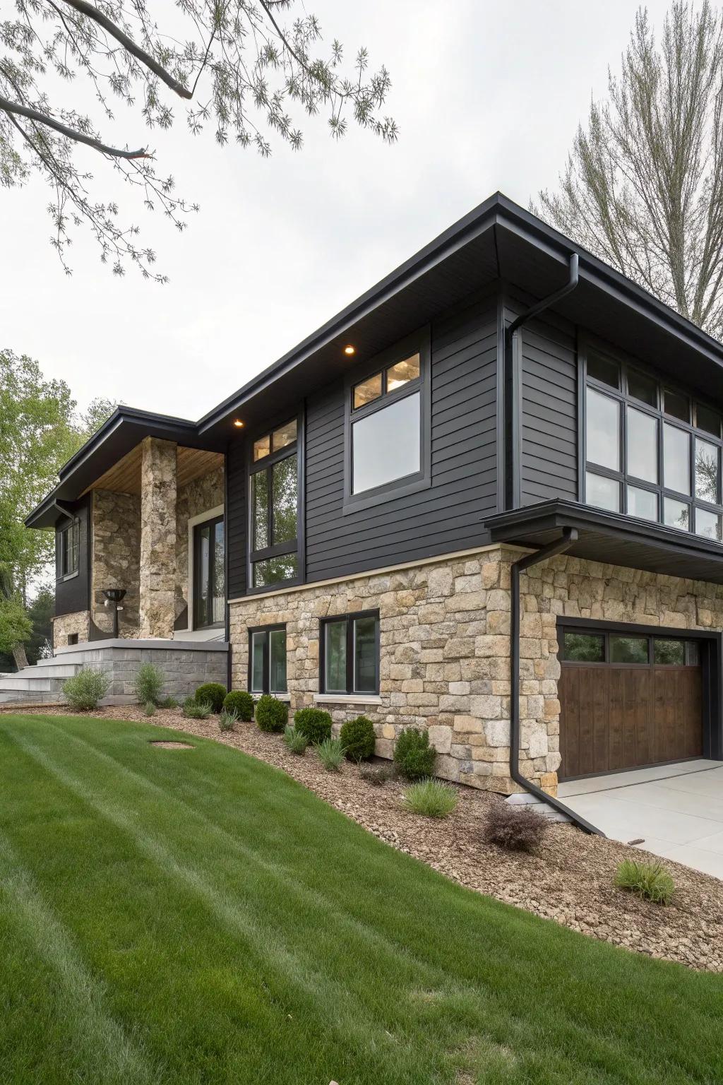 A contemporary front elevation showcasing stone features and shadowy cladding on a raised ranch dwelling.