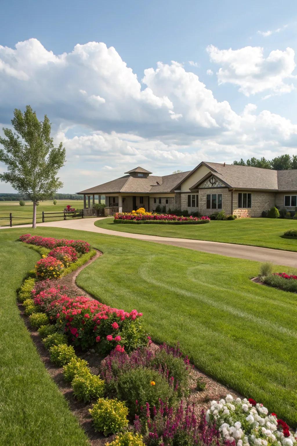 Lush lawns and colorful flower beds enhance the ranch home's curb appeal.