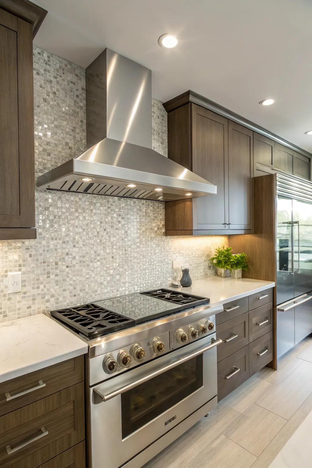 Modern kitchen design showcasing a stainless steel ventilation hood and matching backsplash, creating a polished appearance.