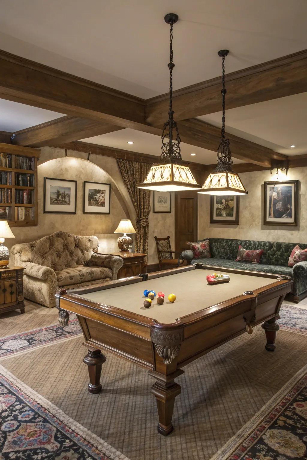 A billiard table introduces a timeless elegance to your rec room.