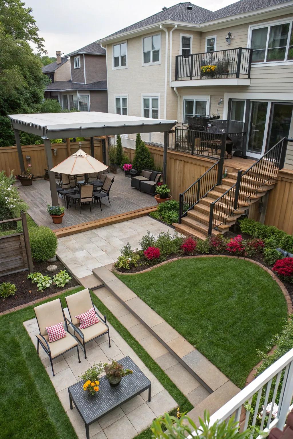 Tiered layouts introduce dimension and captivation to any rectangular backyard.