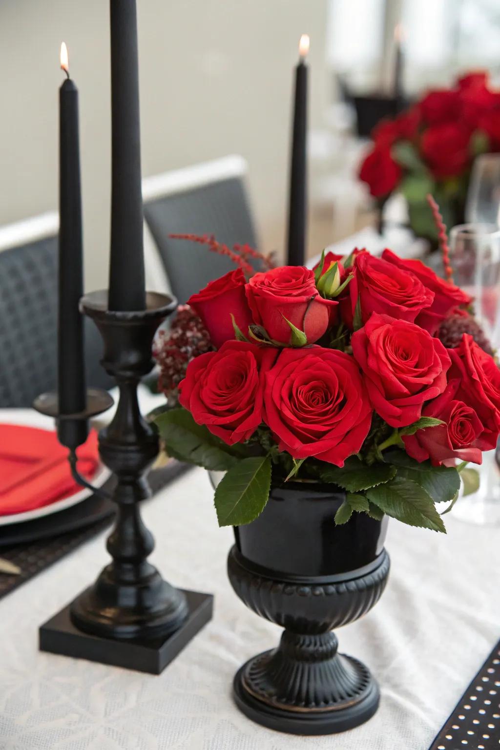 Crimson roses arranged in a dark receptacle set alongside black candle holders, crafting an amorous table centerpiece.