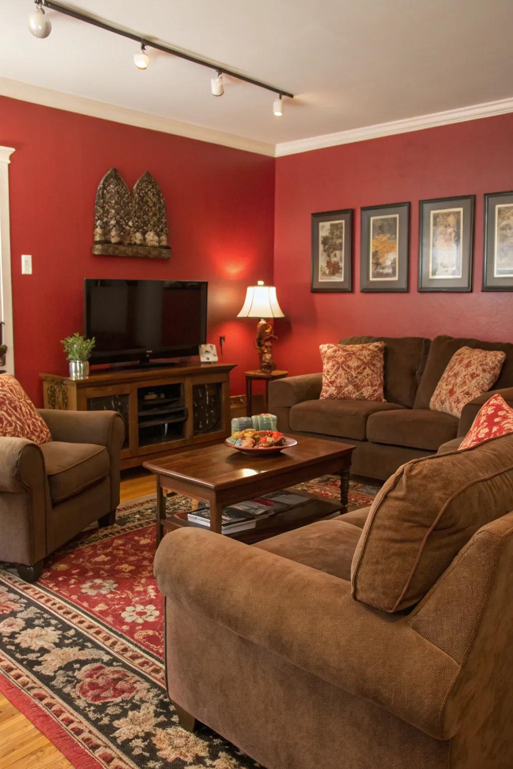A striking red wall brings depth and concentration to the living area.