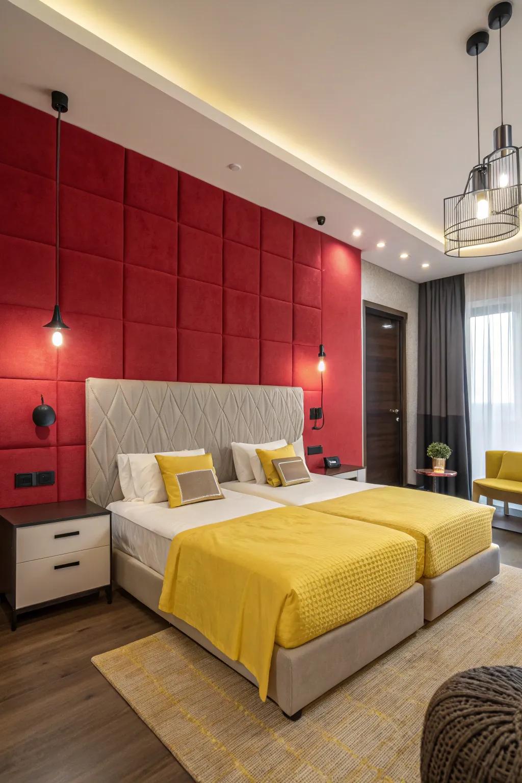The striking crimson feature wall beautifully complements the golden bedding, establishing a compelling visual aesthetic within this inviting bedroom.