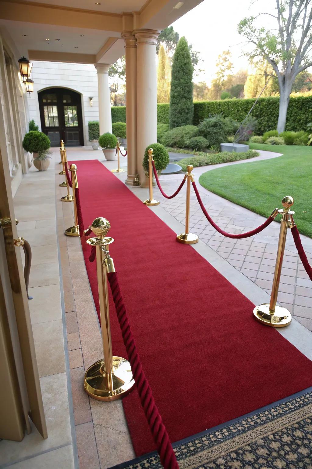 A luxurious crimson path leading into the event space immediately signals a night of grandeur.