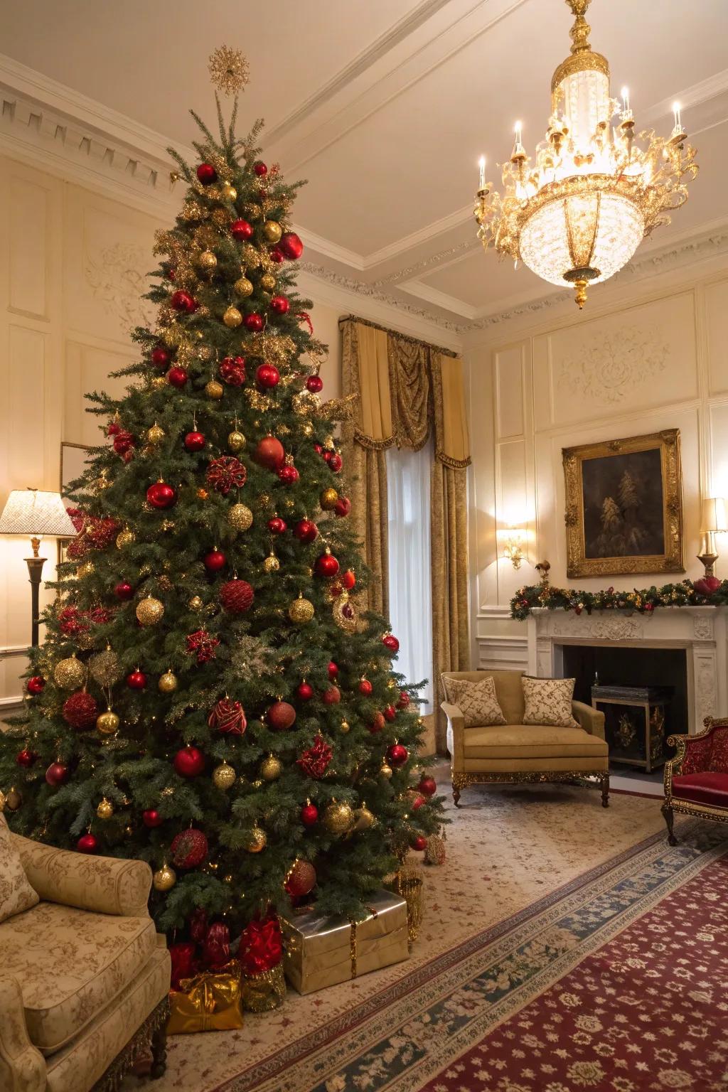 Classic scarlet and gold Christmas tree, beautifully adorned with elegant decorations