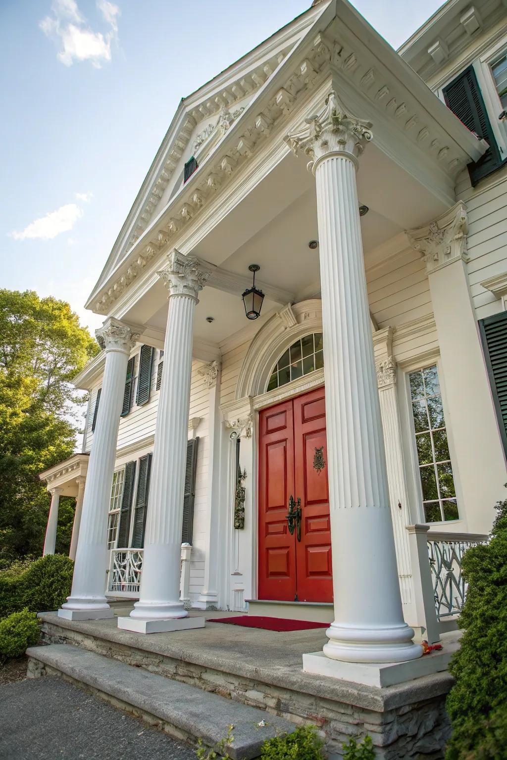 Colonial home featuring a striking red front door, radiating timeless charm.