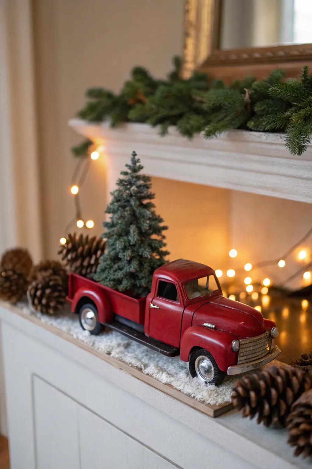 Small Christmas tree positioned in a crimson pickup on a festive ledge.