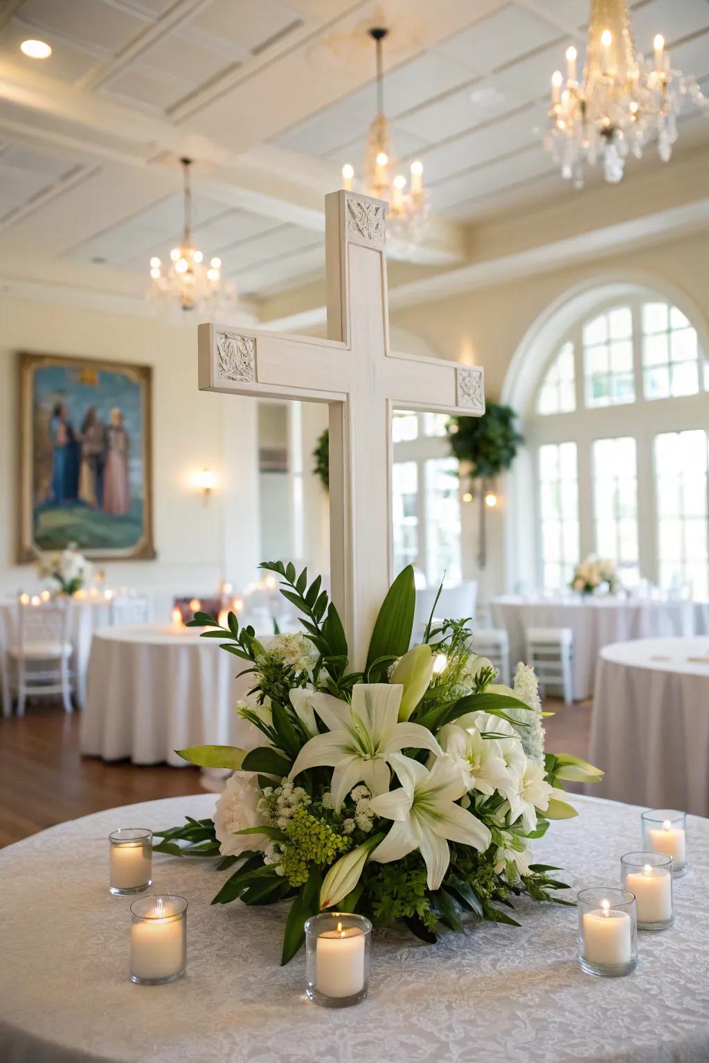 A cross centerpiece is complemented by lilies and candles.