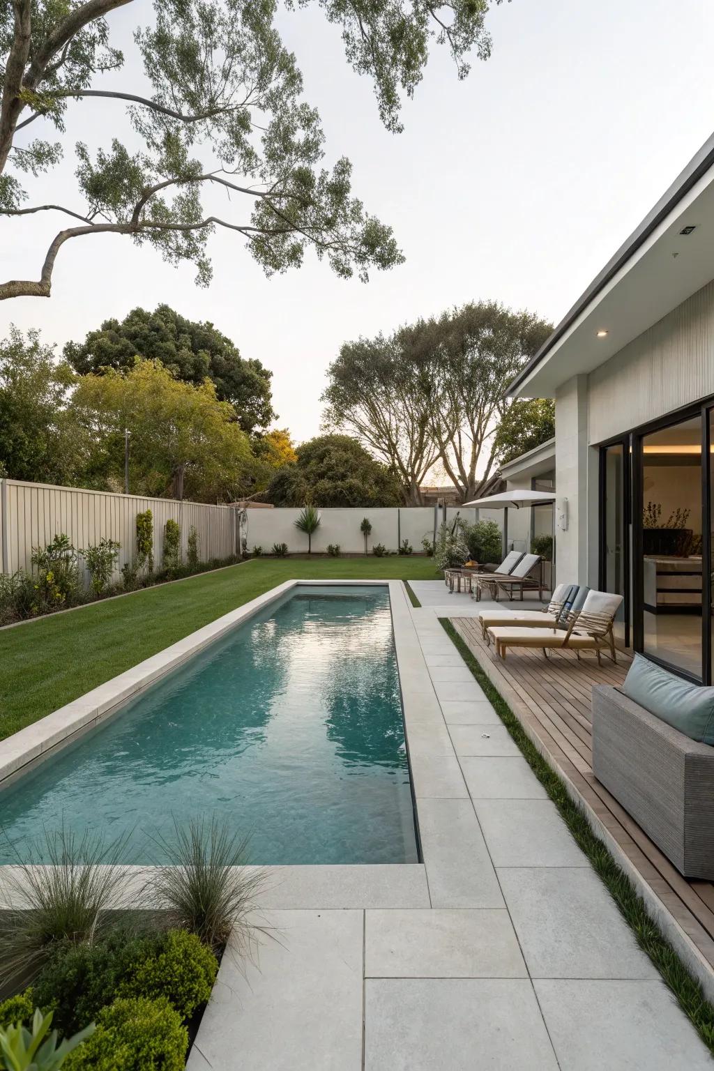Geometric pool designs imbue outdoor spaces with a sense of enduring sophistication.