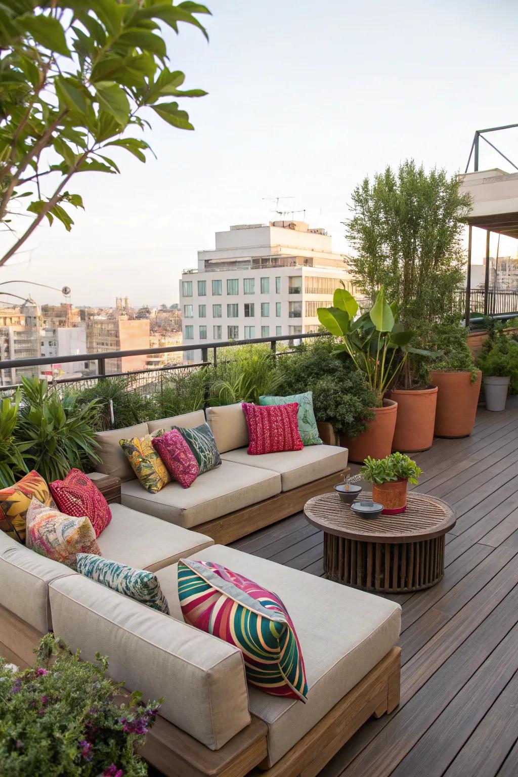 Redesign your rooftop into an inviting lounge space, complete with comfortable seating and vibrant pillows.