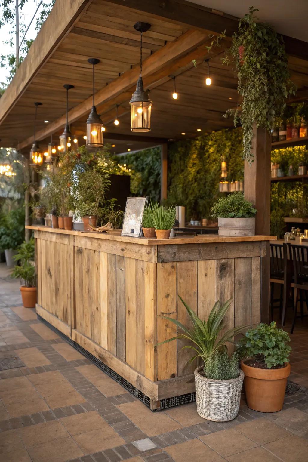 A reception desk crafted from repurposed lumber incorporates identity and sustainability into your area.