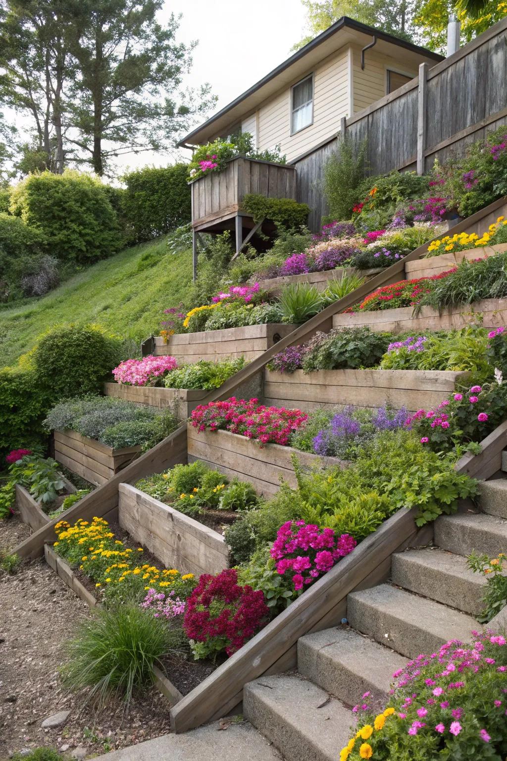 Sloped gardens metamorphose into verdant, vibrant works of art.