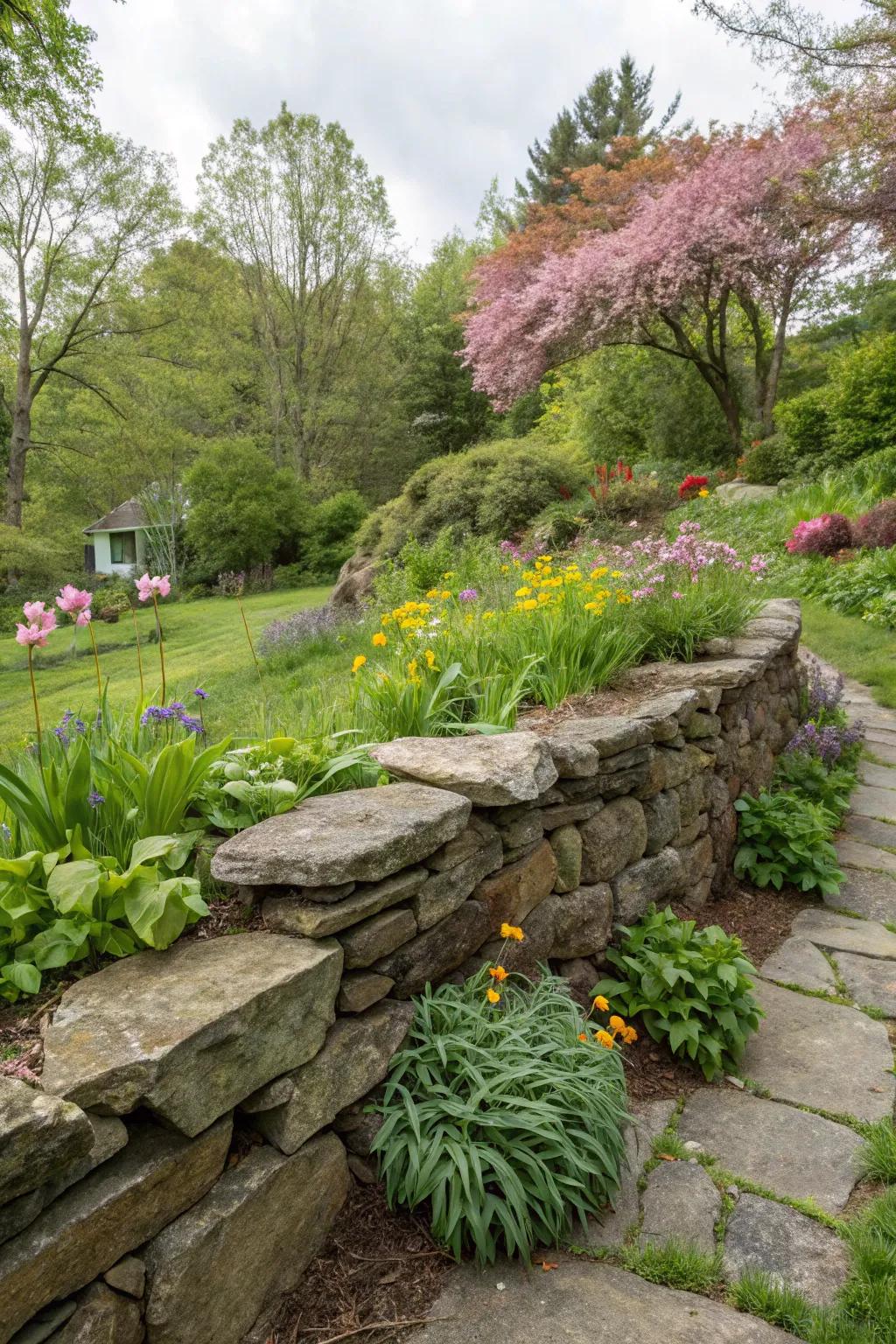 A country stone retaining wall infuses enduring appeal into any garden setting.