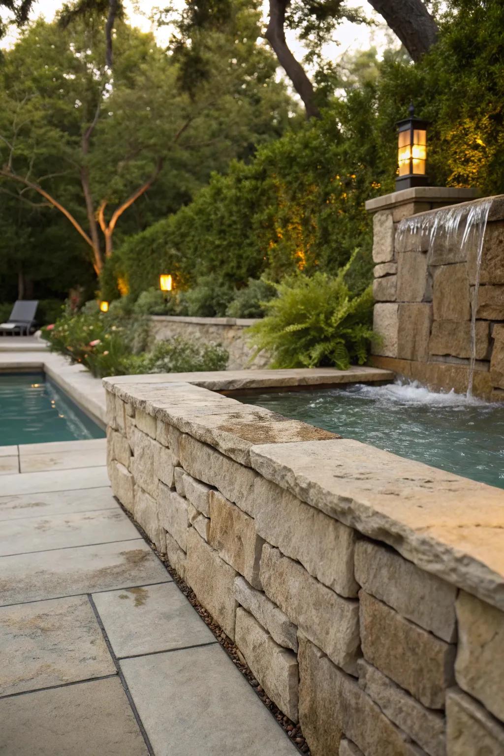 Natural stone retaining wall paired with a soothing water element.