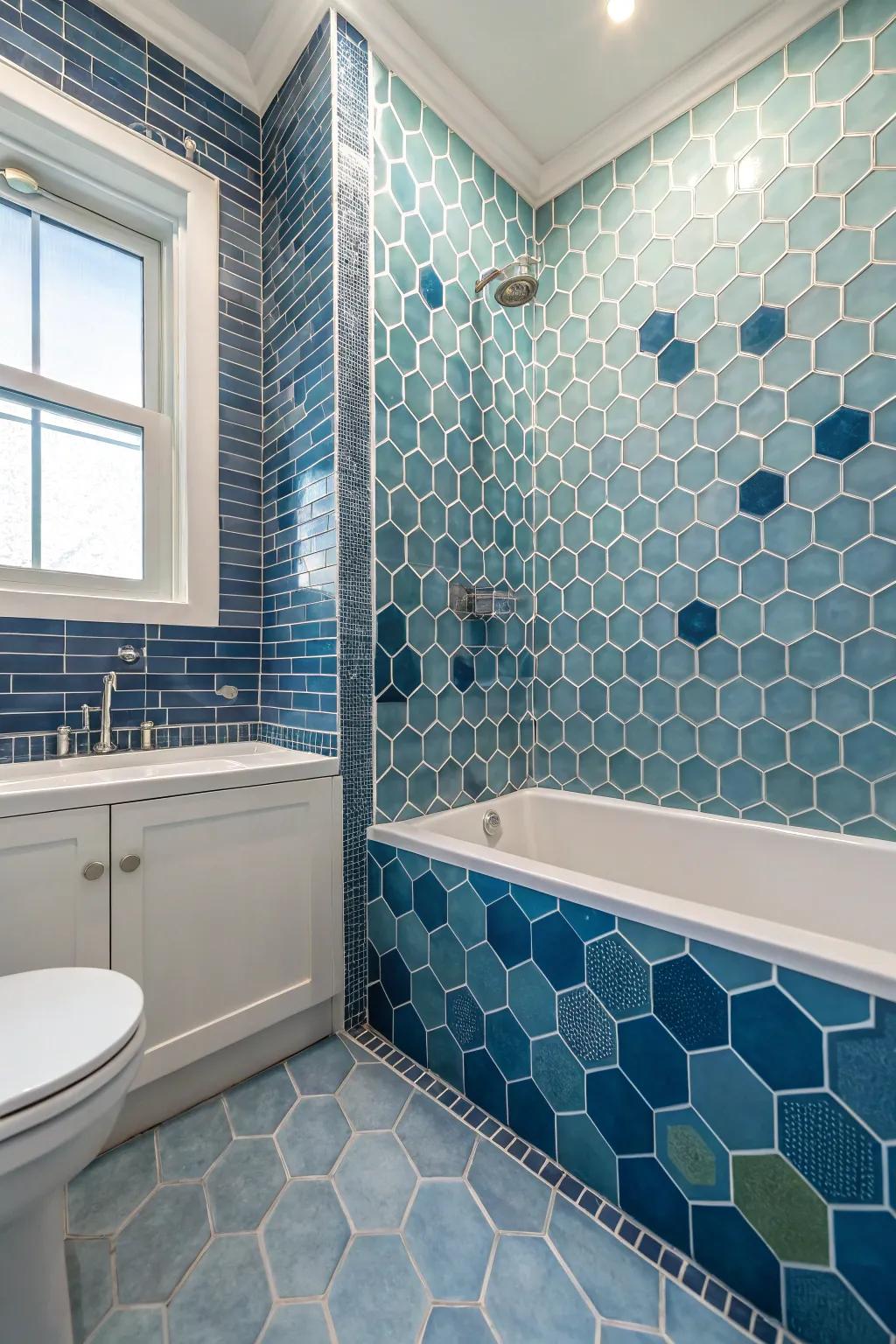 Timeless blue tilework evokes a classic vintage atmosphere.
