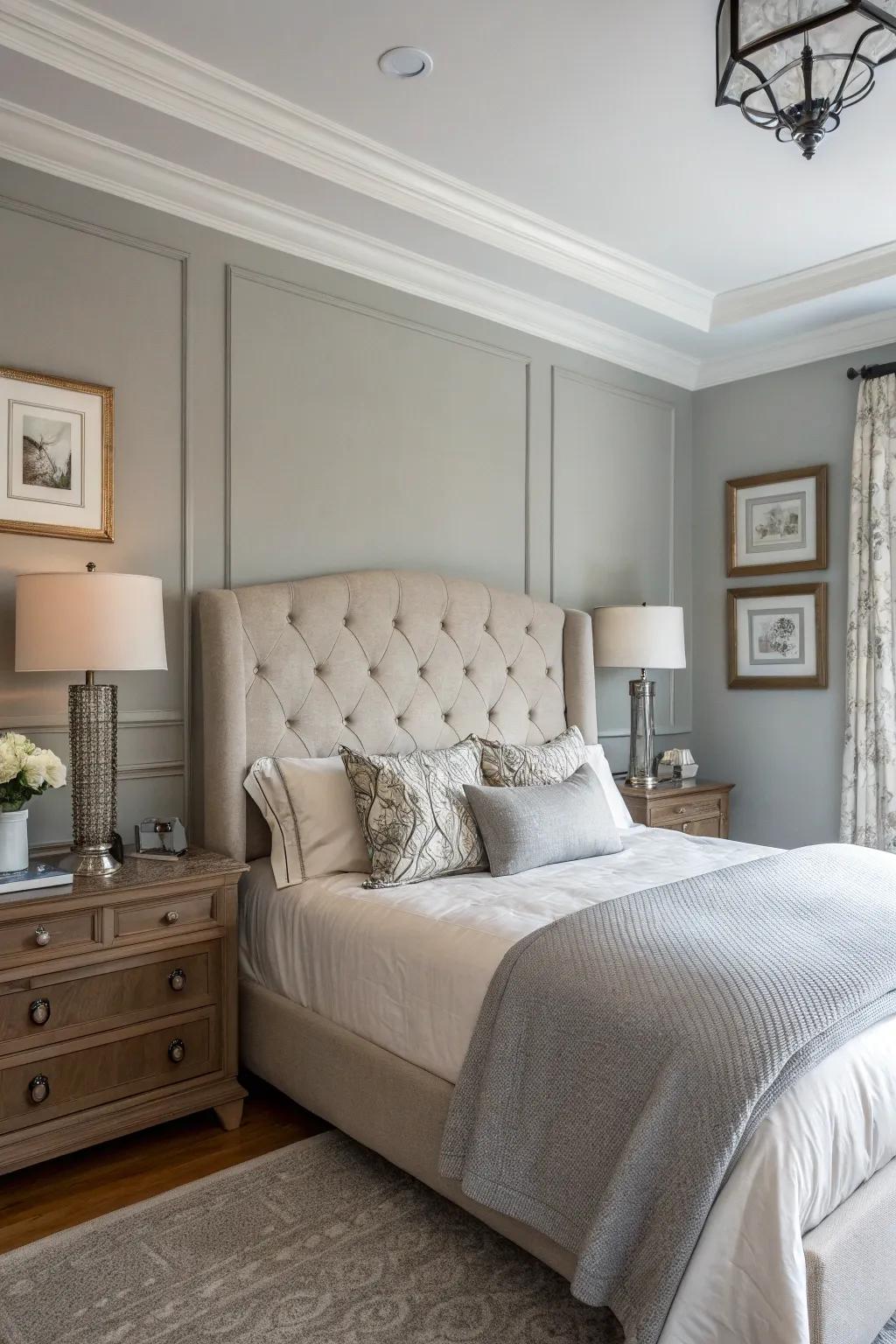 A refined upholstered headboard enhances the Willow Gray walls beautifully.