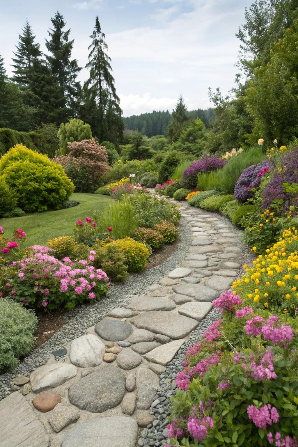 A serene shoreline stone path beckons you to meander amidst nature's splendor.