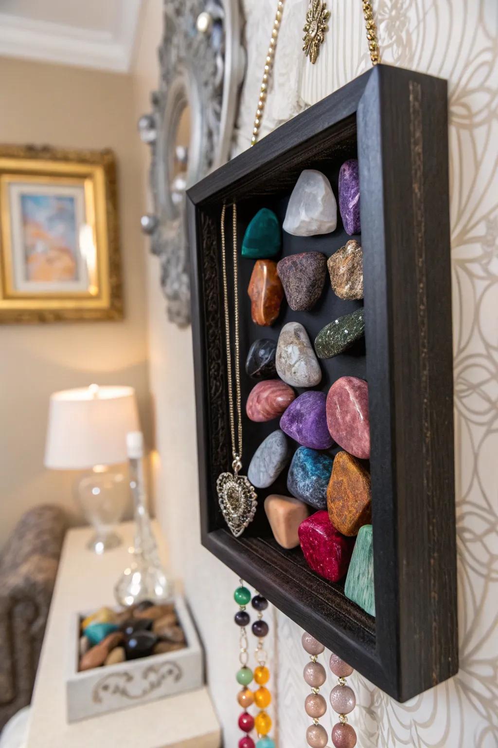 A shadow box turning rocks into a wall exhibit