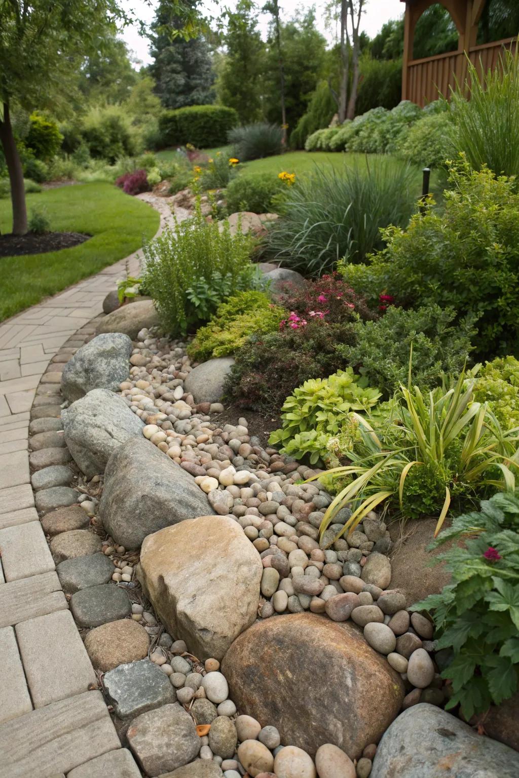 A garden tableau elegantly defined by the delicate embrace of stream rocks, emphasizing the innate allure of the verdant inhabitants.