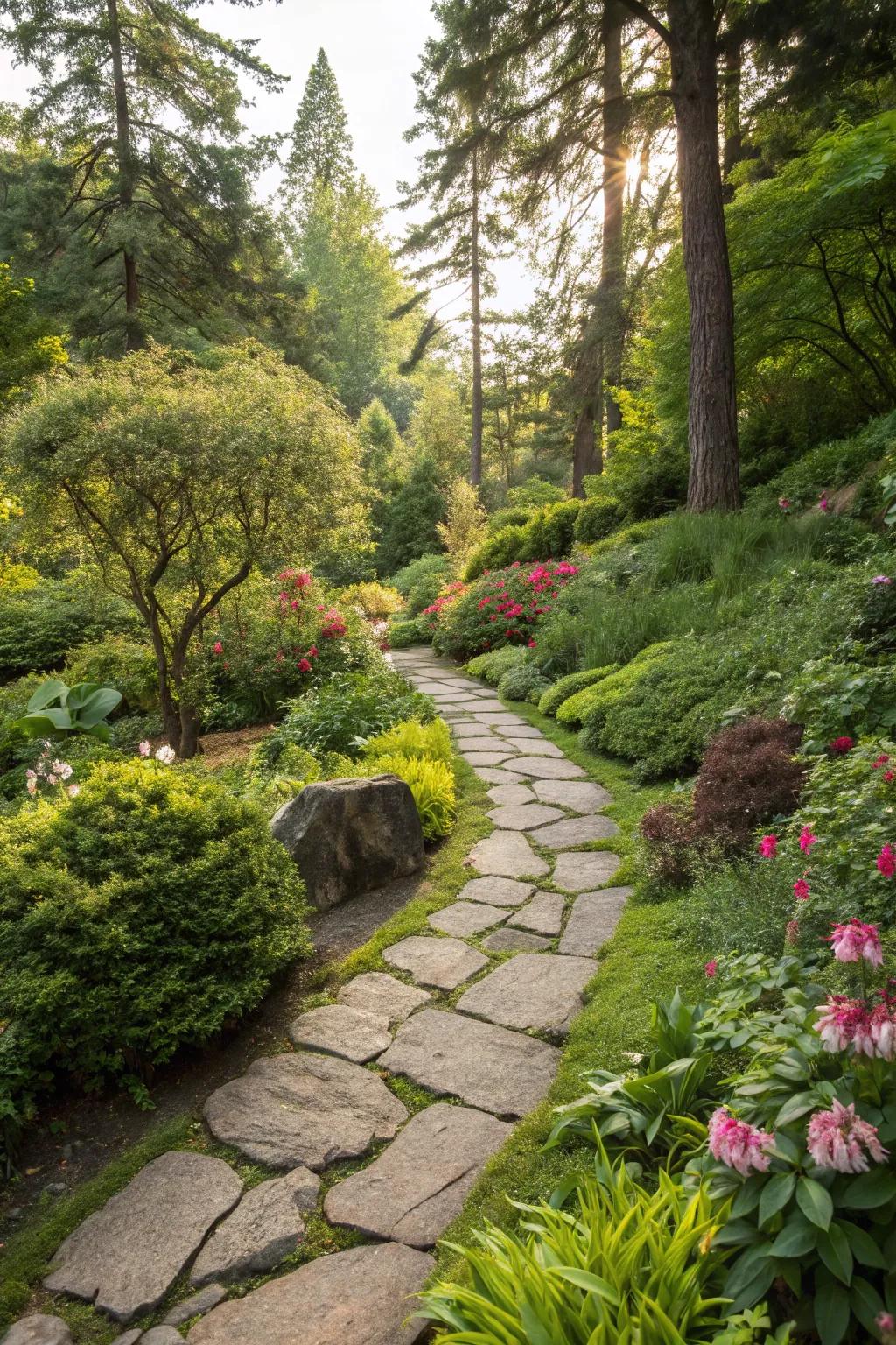 A meandering stone pathway winding through a flourishing, welcoming garden.