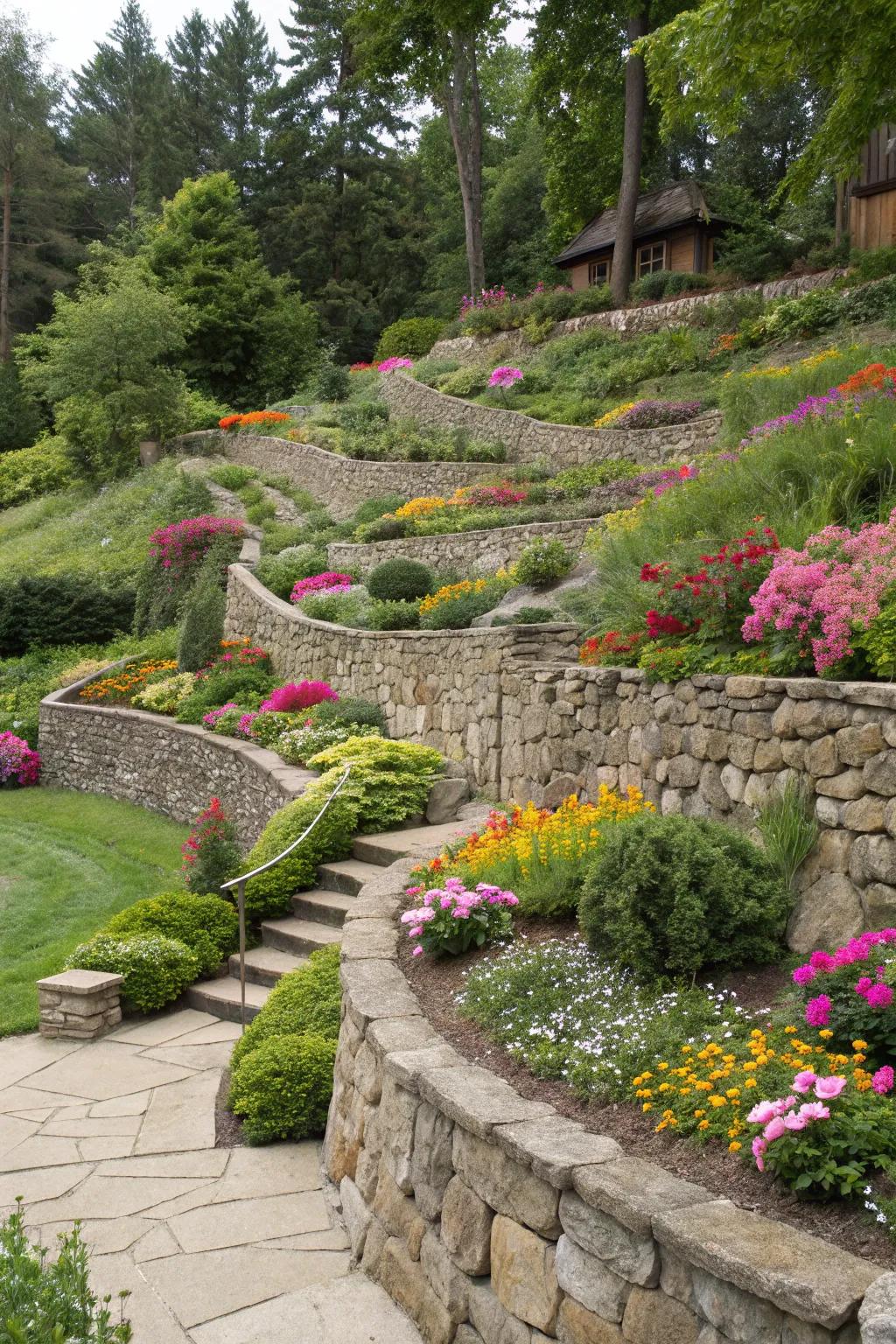 Tiered gardens featuring rock formations cultivate a rich, multi-dimensional landscape awash with vibrant hues.