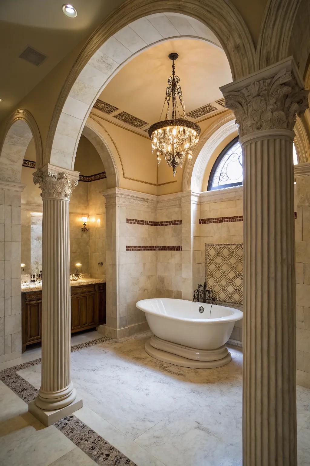 Pillars introduce a hint of Roman charm to this exquisite bathroom.