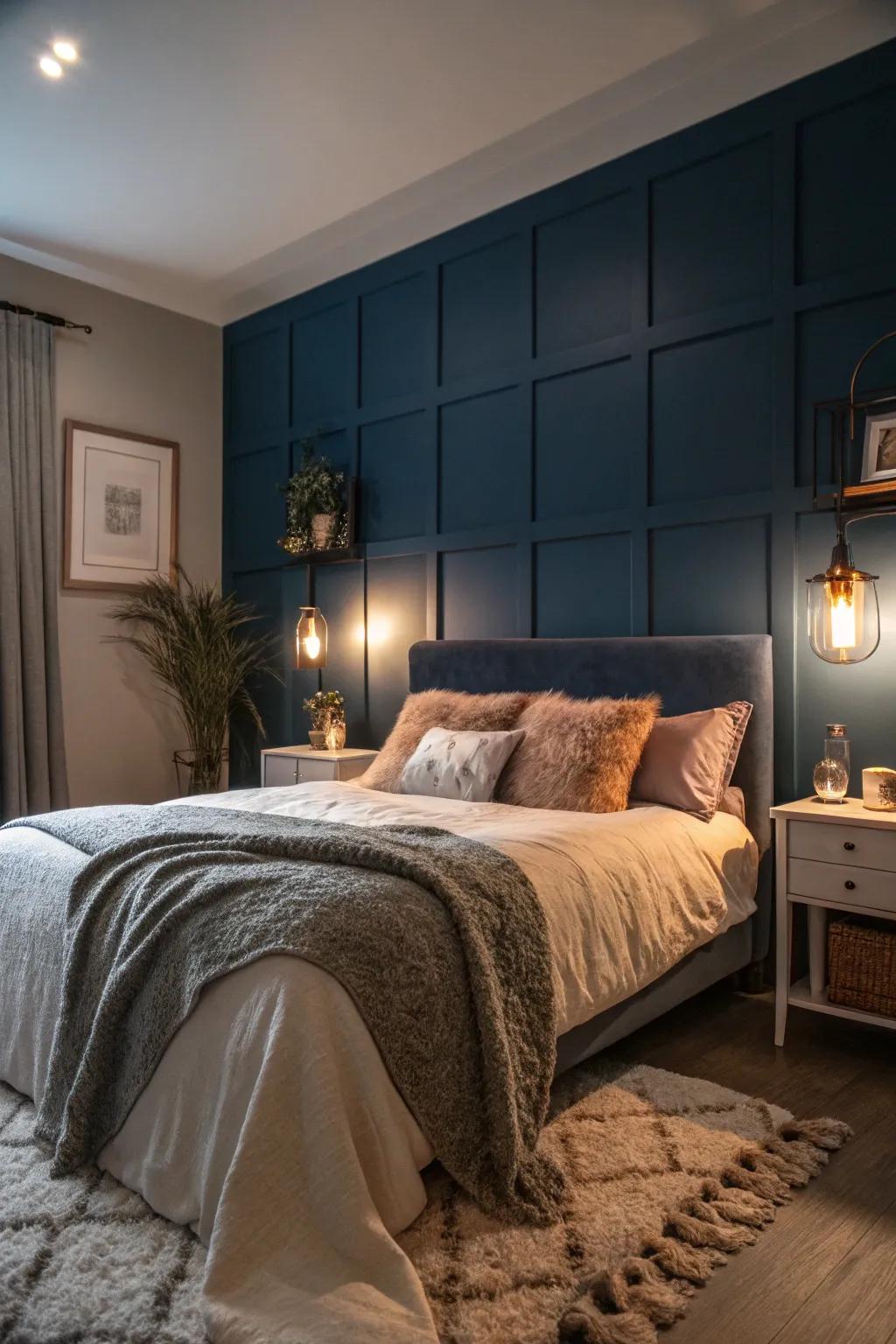 Deep blue shades establish an inviting bedroom ambiance.