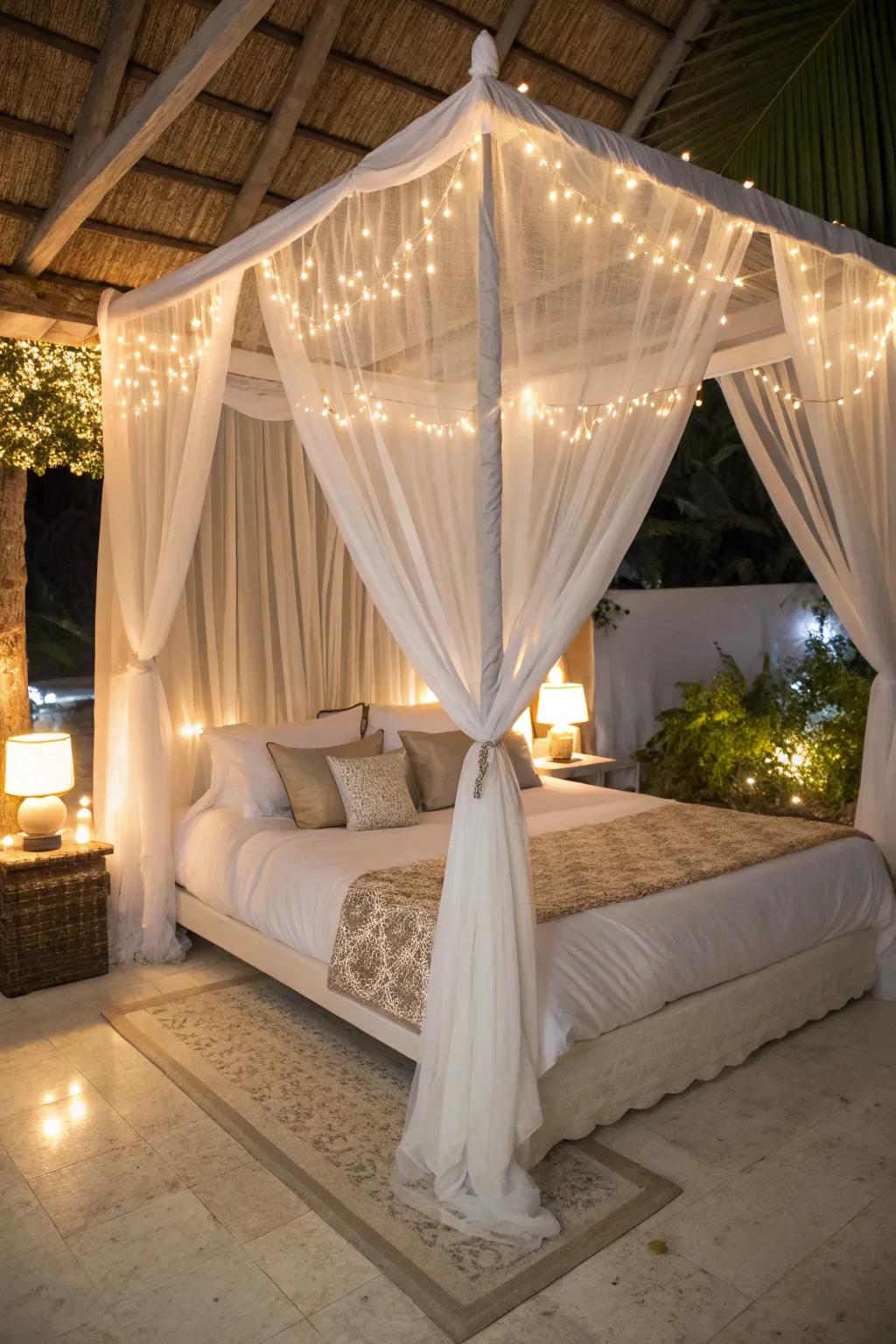 An elegant four-poster bed, adorned with delicate drapes, radiates sophistication and romance.