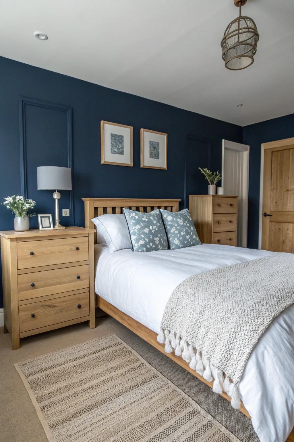 Walls painted in deep indigo establish a calming, profound ambiance in any sleeping quarter.