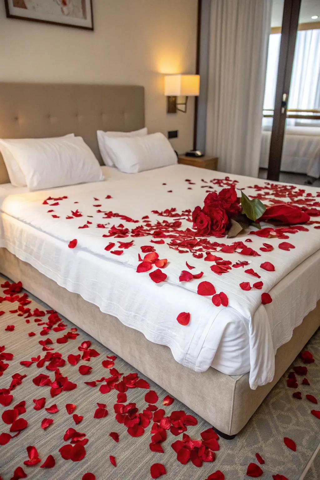Crimson rose petals metamorphose a plain bed into a canvas of romance.