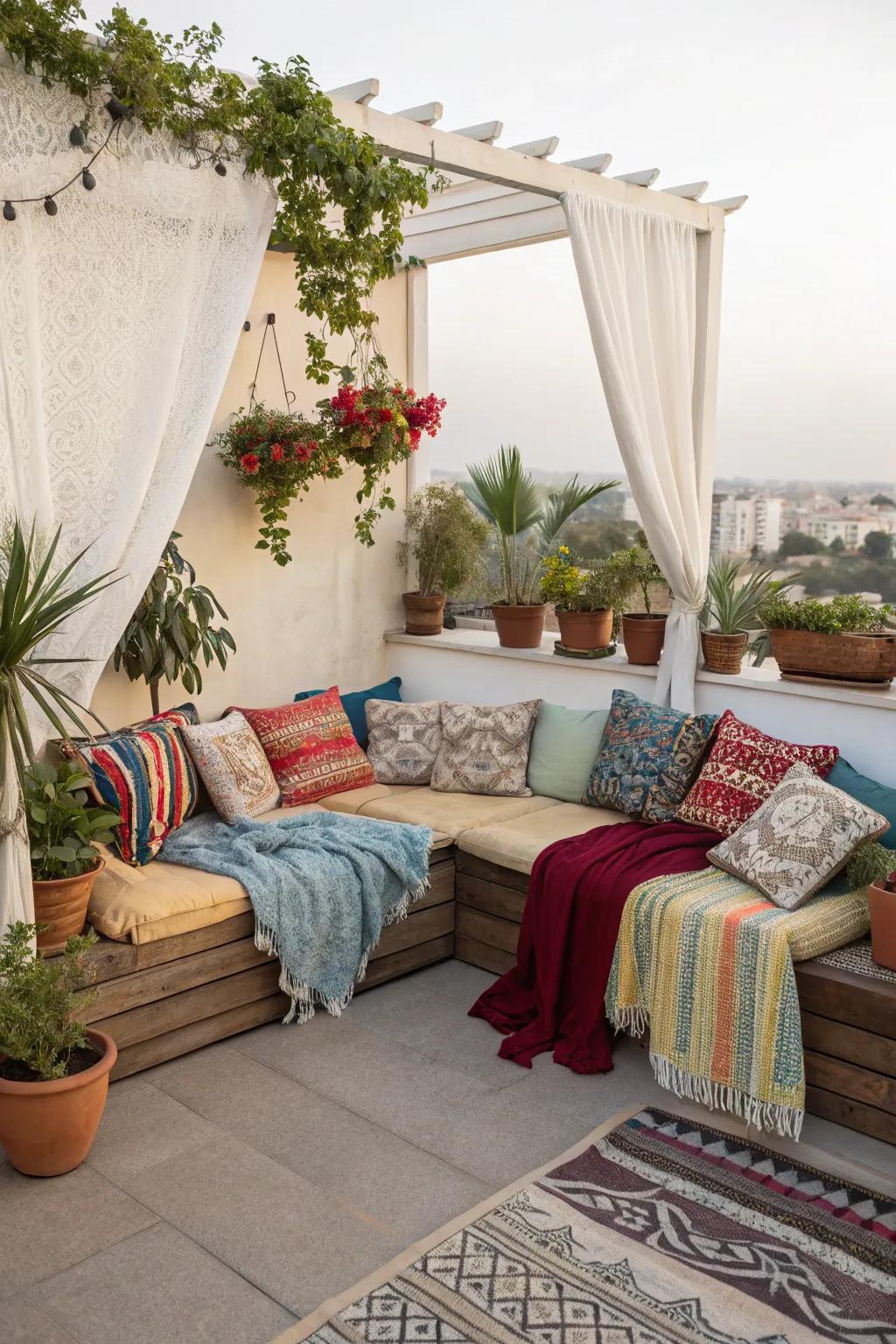 An inviting seating nook reshapes a rooftop into an approachable escape.