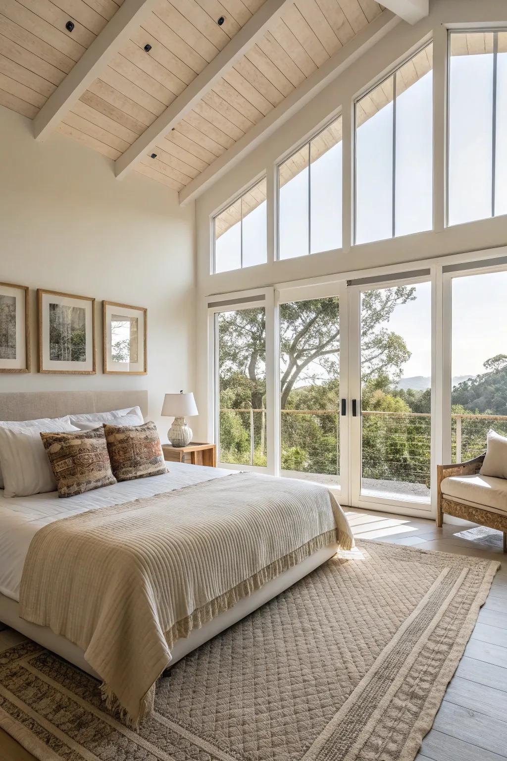 A tranquil bedroom suffused with natural illumination and a soothing chromatic arrangement.